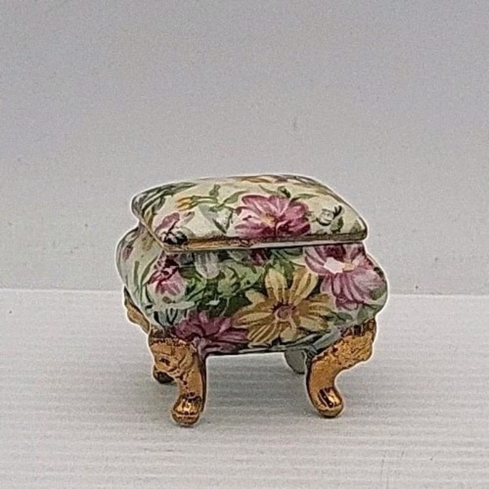 Vintage floral porcelain trinket footed box Jewelry dresser topper